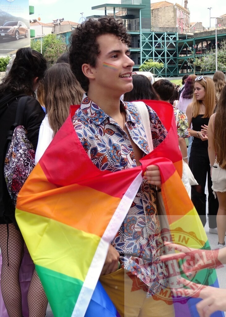 Young man celebrating LGBTQ+ pride in parade | Young man smiling, wrapped in a rainbow flag at a pride parade, expressing joy and community - Realized with Pictrs.com