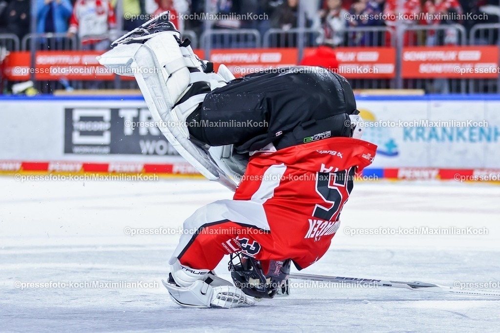 KEC09042501101 | 09.04.2025, Eishockey, DEL Play-offs, Kölner Haie - ERC Ingolstadt, Halbfinale Spiel 4, Lanxess-Arena Köln: Abschlussjubel nach dem 2:1 Sieg für die Kölner Haie. Julius Hudacek (Kölner Haie #35) schlägt vor Freude einen Purzelbaum auf dem Eis