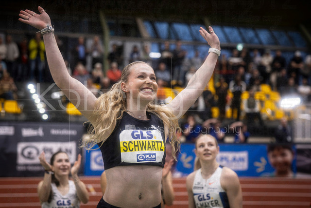 Deutsche Leichtathletik-Hallenmeisterschaften; Dortmund, 28.02.2026 | Philina Schwartz (Berlin Athletics Capital Club, 53) freut sich über den Titel über 60m; Deutsche Leichtathletik-Hallenmeisterschaften am 28.02.2026 in der Helmut-Körnig-Halle in Dortmund. 