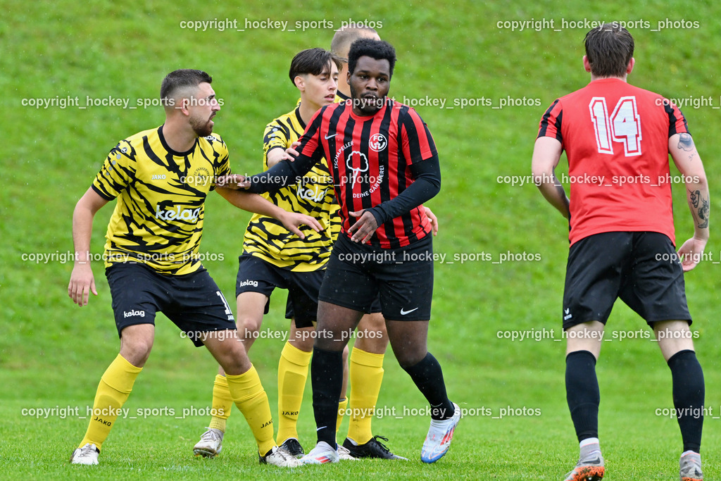 FC Faakersee vs. FC-WR Nussdorf Debant | #10 Marco Pehr FC Faakersee, #10 Rashidi Mohamed Udikaluka FCWR Nussdorf Debant, #12 Moritz Nico Prugger FC Faakersee, #14 Dino Zenkovic FCWR Nussdorf Debant, FC Faakersee vs. FC-WR Nussdorf Debant, FC Faakersee vs. FC-WR Nussdorf Debant am 28.09.2024 in Finkenstein (Sportplatz Faakersee), Austria, (Photo by Bernd Stefan)