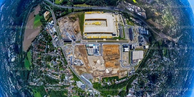 Bochum230890061 OPEL 1 | Luftbild, Ehemaliges Opel-Areal, Mark 51/7 Baustelle und Neubau Wissenschafts- und Technologiequartier, DHL Logistik, O-Werk, Erdkugel, Fisheye Aufnahme, Fischaugen Aufnahme, 360 Grad Aufnahme, tiny world, Laer, Bochum, Ruhrgebiet, Nordrhein-Westfalen, Deutschland