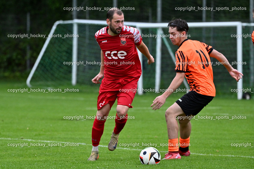 SV Viktoria Viktring vs. FC Mondi Frantschach | #7 Yevhen Sutkovyi SV Viktoria Viktring, #10 Arnel Karahasanovic FC Frantschach, SV Viktoria Viktring vs. FC Mondi Frantschach, SV Viktoria Viktring vs. FC Mondi Frantschach am 02.08.2025 in Klagenfurt (Sportplatz Viktrink), Austria, (Photo by Bernd Stefan)