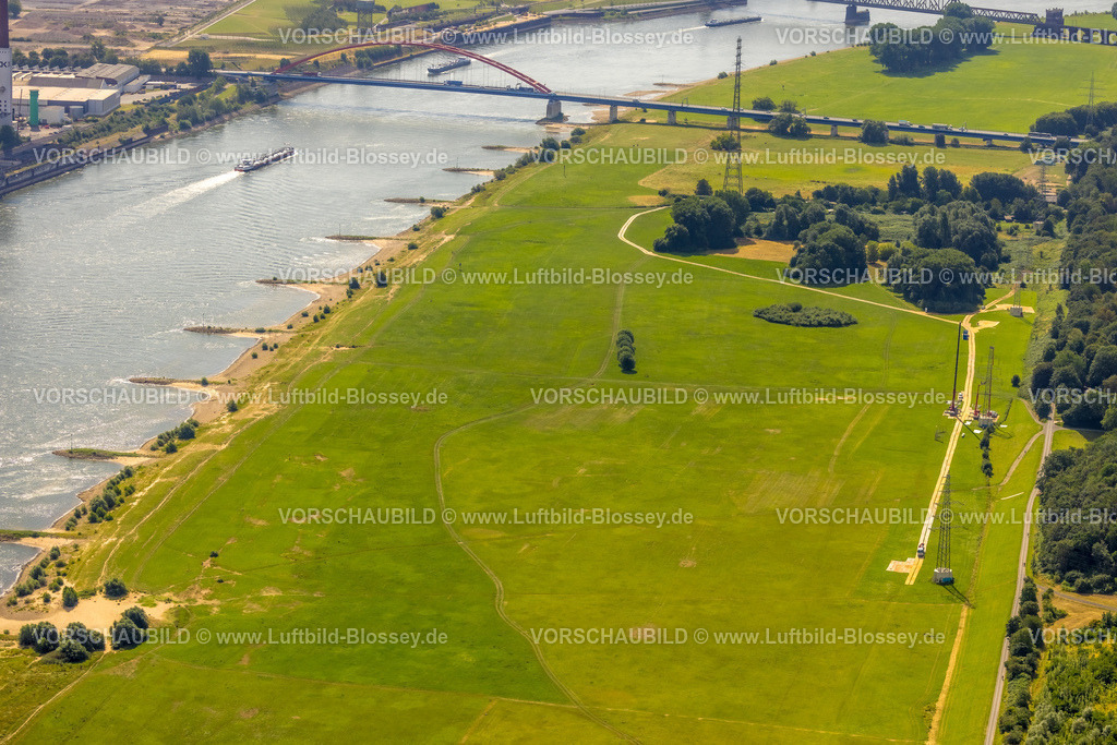 Duisburg230707319 | Luftbild, Rheinwiesen Rheinhausen an der Brücke der Solidarität, Bergheim, Duisburg, Ruhrgebiet, Nordrhein-Westfalen, Deutschland