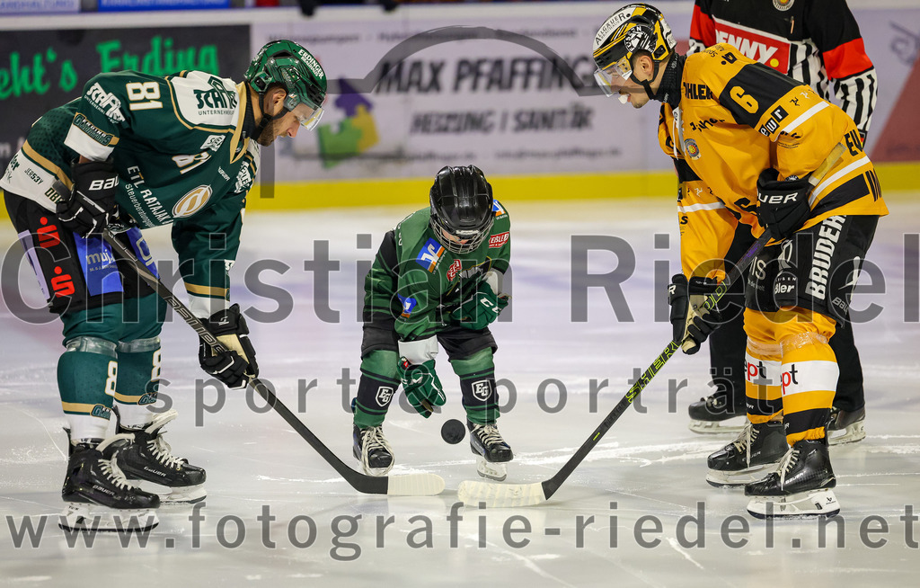 2025-11-02_008_TSV_Erding_gegen_EV_Fuessen | Erding, Deutschland, 02.11.2025:Eishockey, Oberliga Süd 2025 / 2026, 15. Spieltag, TSV Erding gegen EV Füssen, Endergebnis: 2:6Maximilian Forster (Erding Gladiators, #81), Ondrej Zelenka (EV Füssen, #6)Foto: Christian Riedel / fotografie-riedel.net
