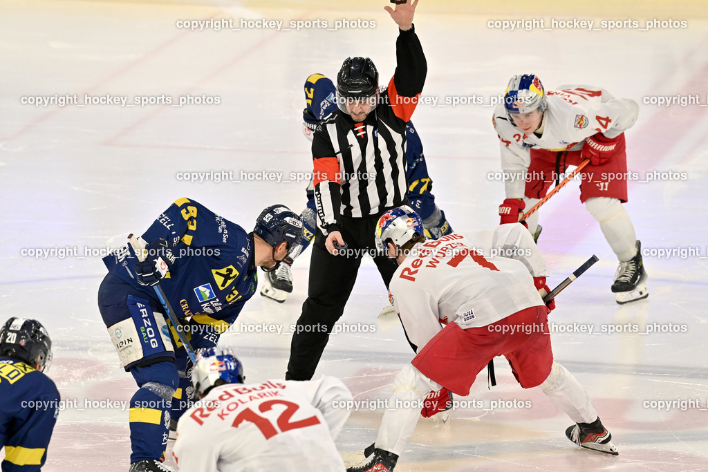RED BULL HOCKEY JUNIORS vs. EK DIE ZELLER EISBÄREN | #93 Johansson Robin EK DIE ZELLER EISBÄREN, #7 Wurzer Maximilian RED BULL HOCKEY JUNIORS, RUETZ Matthias Referee, RED BULL HOCKEY JUNIORS vs. EK DIE ZELLER EISBÄREN, RED BULL HOCKEY JUNIORS vs. EK DIE ZELLER EISBÄREN am 14.01.2025 in Salzburg (Eisarena Salzburg), Austria, (Photo by Bernd Stefan)