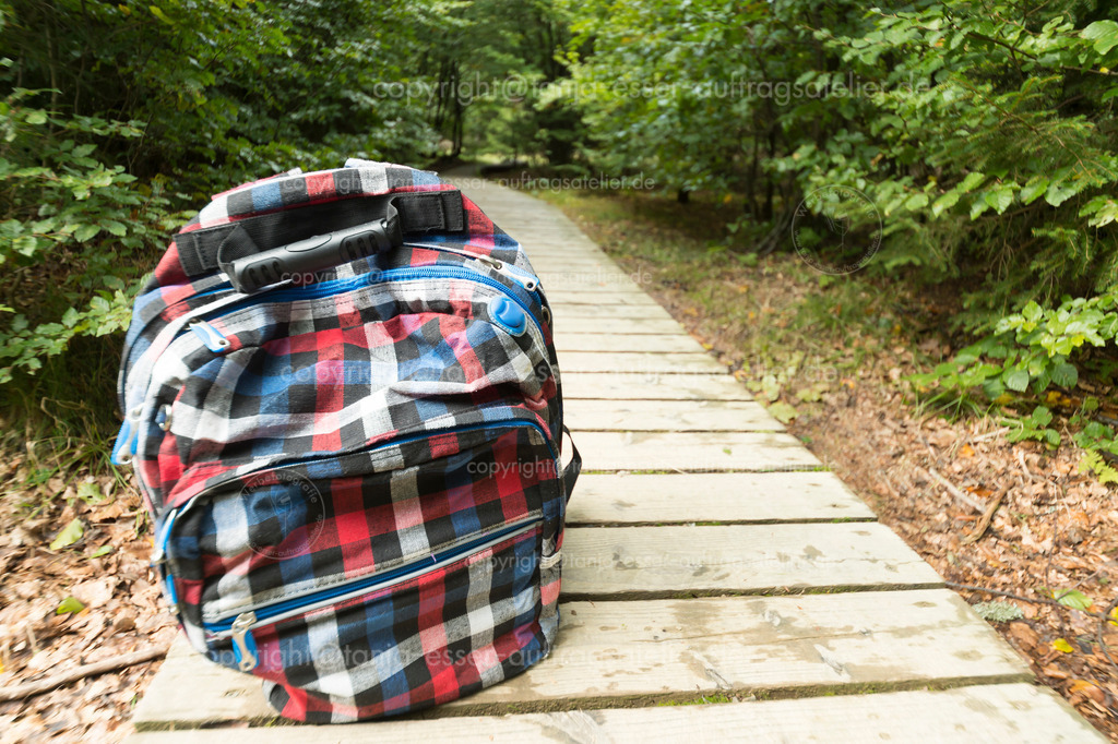 Wandern auf dem Rothaarsteig im Sauerland | Ein gepackter karierter Rucksack steht auf einem Bohlenweg. Der Bretterweg führt in einen Laubwald. Aufgenommen auf dem Rothaarsteig.
