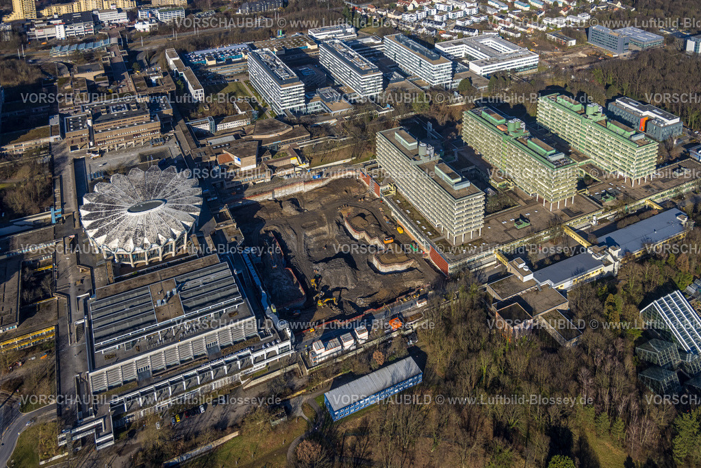 Bochum240103144 | Luftbild, Gebäudekomplex der RUB Ruhr-Universität Bochum, Baustelle Ersatzneubau NA, muschelartige Form rundes Gebäude Audimax Hörsaal, Mensa Gebäude, Querenburg, Bochum, Ruhrgebiet, Nordrhein-Westfalen, Deutschland