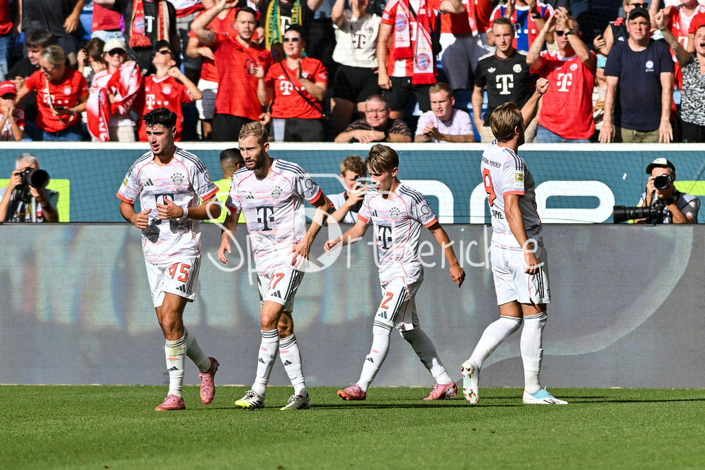 TSG 1899 Hoffenheim - FC Bayern München | Jubel der Bayern nach dem Treffer zum 0-1 durch Harry KANE (FC Bayern Muenchen 9) / Tor / Torschuetze / Freude / Happy / Bundesliga: TSG 1899 Hoffenheim - FC Bayern München; PreZero-Arena am 20.09.2025 / DFL REGULATIONS PROHIBIT ANY USE OF PHOTOGRAPHS AS IMAGE SEQUENCES AND/OR QUASI-VIDEO