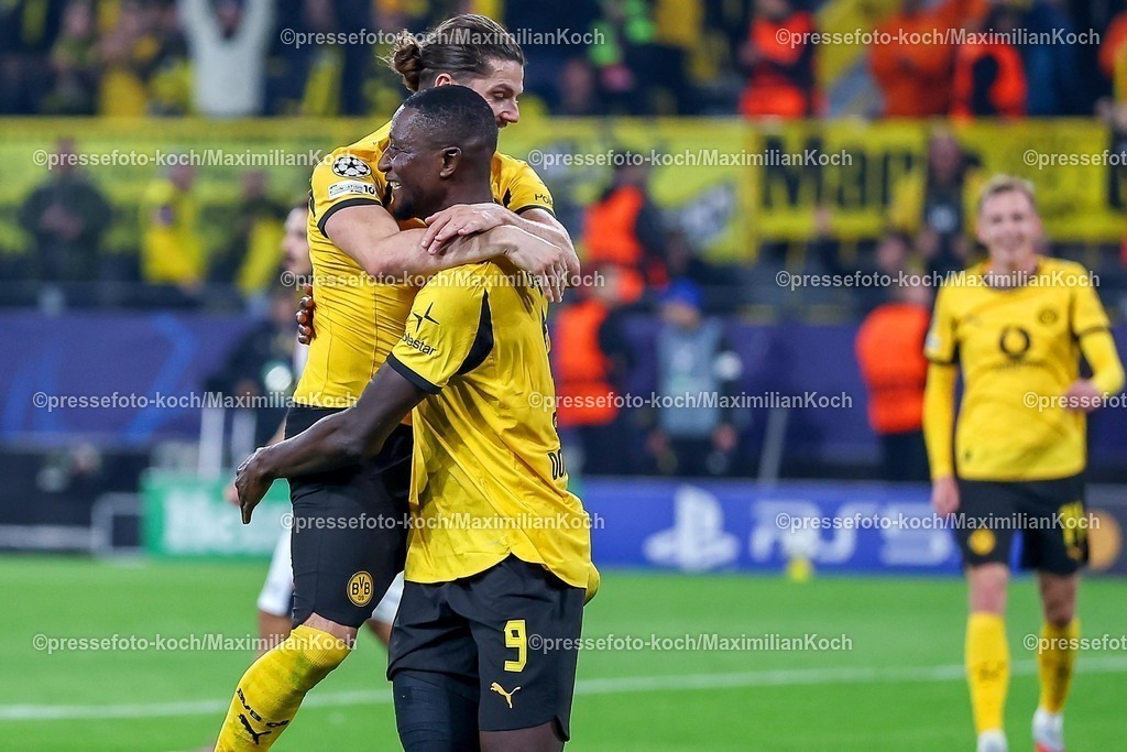 UCL01102501115 | 01.10.2025, Fußball, UEFA Champions League, Borussia Dortmund - Athletic Club Bilbao, BVB Stadion, 2. Spieltag, Saison 2025 2026: Torjubel nach dem Tor zum 3:1 durch Torschütze Marcel Sabitzer (BVB #20)  zusammen mit   Serhou Guirassy (BVB #09) Regulations prohibit any use of photographs as image sequences and or quasi-video.