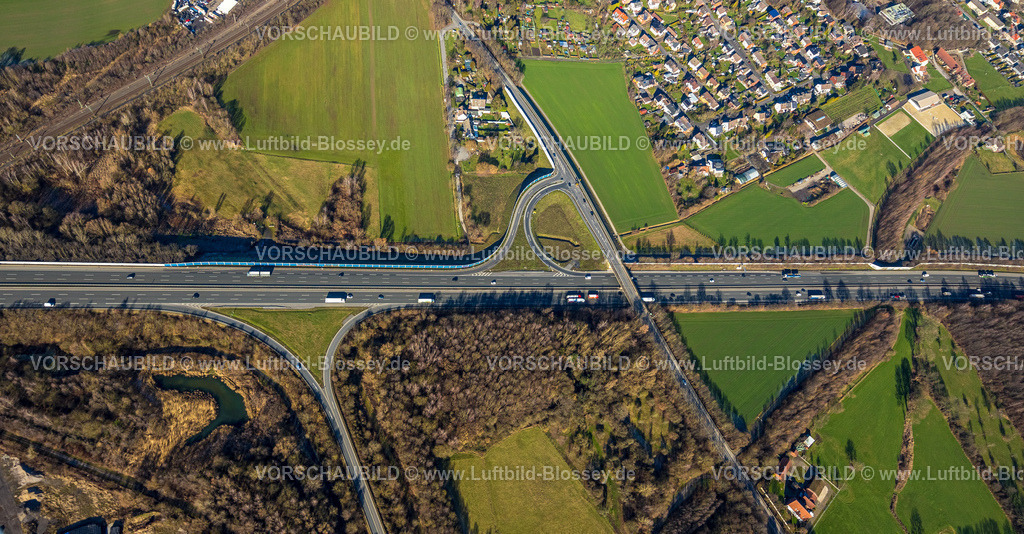 Luenen230203724 | Luftbild, Autobahn A2 mit Anschlussstelle Dortmund-Lanstrop, Kurler Straße, Horstmar, Lünen, Ruhrgebiet, Nordrhein-Westfalen, Deutschland