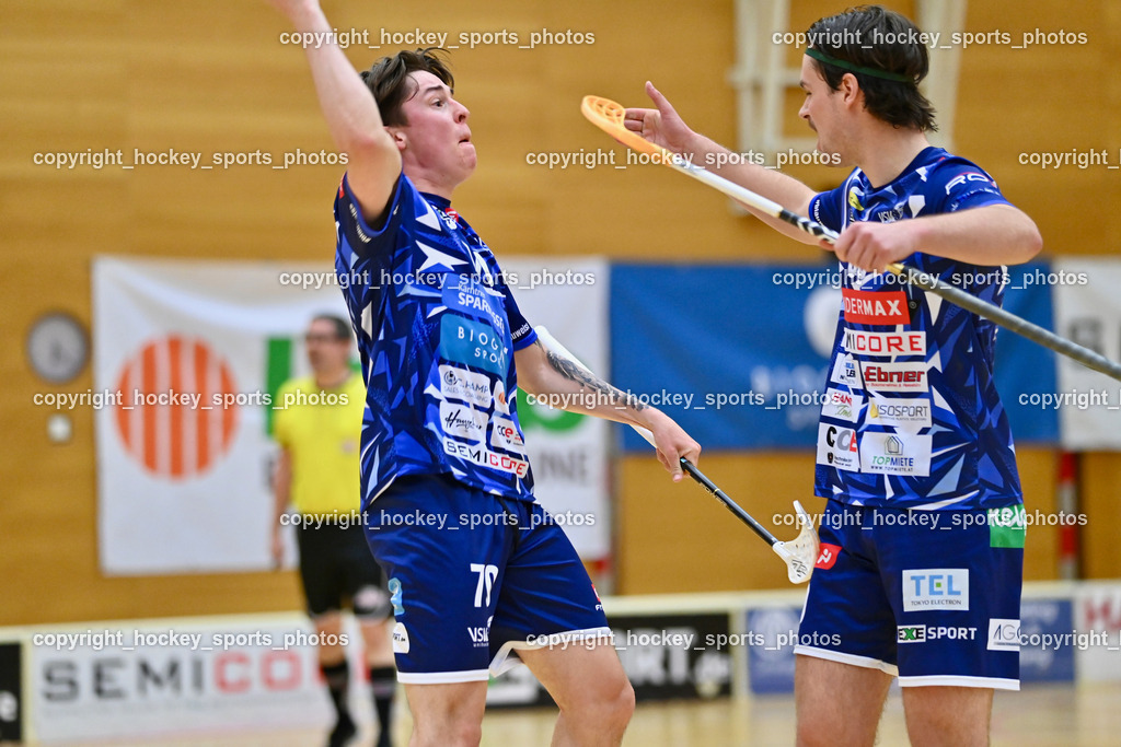 VSV Unihockey vs. KAC Floorball | Jubel #72 Niklas Fechtig VSV Unihockey, #60 Thomas Unterweger VSV Unihockey, VSV Unihockey vs. KAC Floorball, VSV Unihockey vs. KAC Floorball am 28.03.2026 in Villach (Ballspielhalle St. Martin), Austria, (Photo by Bernd Stefan)