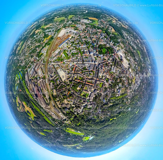 Witten230890048 Mitte | Luftbild, City Stadtmitte mit Rathaus, Erdkugel, Fisheye Aufnahme, Fischaugen Aufnahme, 360 Grad Aufnahme, tiny world, Witten, Ruhrgebiet, Nordrhein-Westfalen, Deutschland