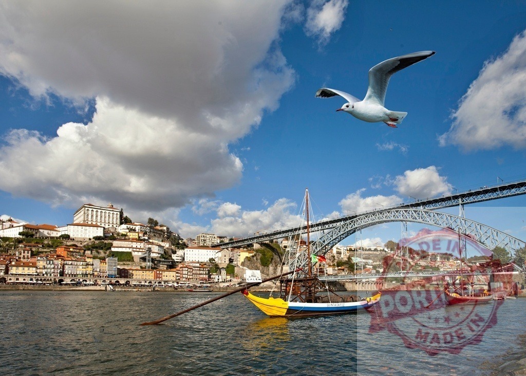 Seagull flying over Dom Luís I Bridge Porto | Douro River with Rabelo boats, Ribeira cityscape and a seagull flying in blue sky - Realisiert mit Pictrs.com