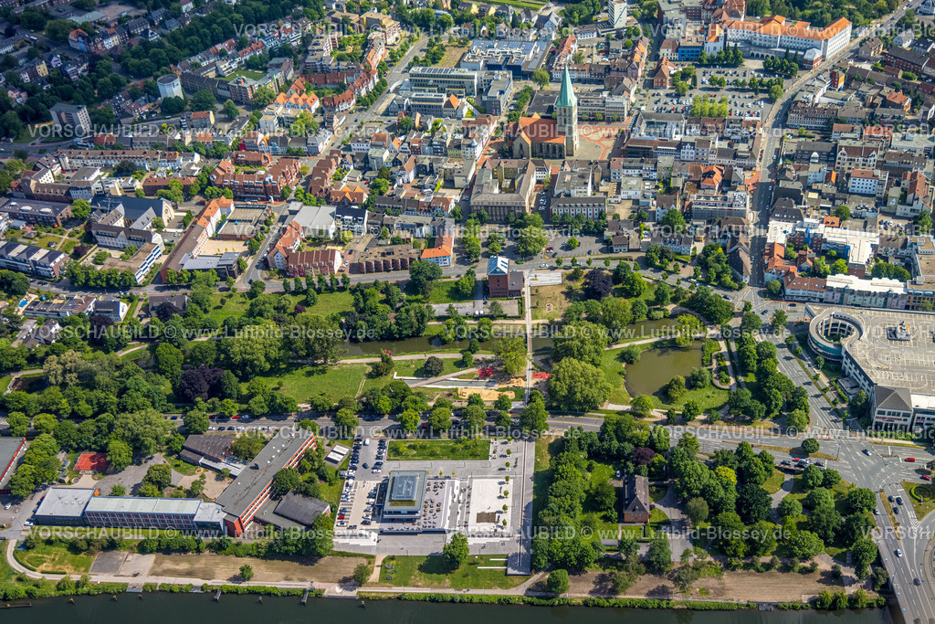 Hamm220504650 | Luftbild, Wassersportzentrum an der Adenauerallee sowie Sichtachse mit Nordringpark und evang. Pauluskirche, Mitte, Hamm, Ruhrgebiet, Nordrhein-Westfalen, Deutschland