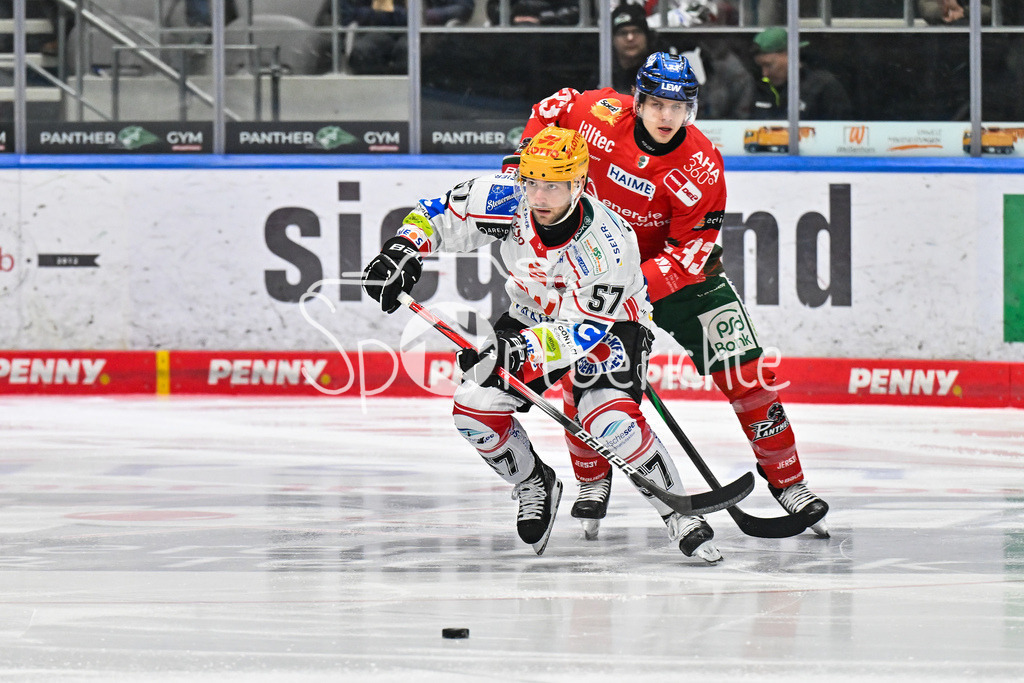 Augsburger Panther - Fischtown Bremerhaven | AUGSBURG, GERMANY - 25. JANUARY: im Duell Alxex FRIESEN (Fischtown Pinguins 57) und Tim WOHLGEMUTH (Augsburger Panther 33) während dem Match zwischen den Augsburger Panthern und den Fischtown Pinguins am 43. Spieltag der Penny DEL im Curt Frenzel Stadion