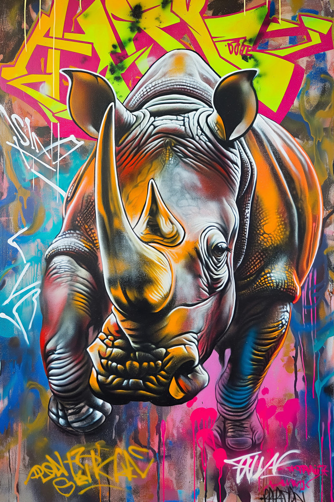 2408005 - Graffiti Nashorn | Ein Nashorn im Stil eines Graffiti / Streetart Gemäldes. Bestellen Sie dieses Motiv als hochwertigen Kunstdruck in verschiedenen Ausführungen und Größen.