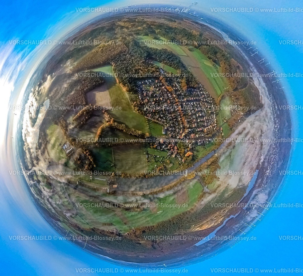 Haltern231190191LippeNebelFlaesheim | Luftbild, Ortsansicht Ortsteil Flaesheim mit Morgennebel am Fluss Lippe und Wesel-Datteln-Kanal, umgeben von Wiesen und Feldern und herbstlichen Laubbäumen, Erdkugel, Fisheye Aufnahme, Fischaugen Aufnahme, 360 Grad Aufnahme, tiny world, little planet, fisheye Bild, Flaesheim, Haltern am See, Ruhrgebiet, Nordrhein-Westfalen, Deutschland