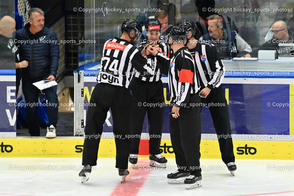 EC IDM Wärmepumpen VSV vs. HC Pustertal 8.10.2023 | ZRNIC MILAN Referee, OFNER CHRISTIAN Referee, VACZI DAVID Linesmann, MUZSIK NORBERT Linesmann, EC IDM Wärmepumpen VSV vs. HC Pustertal 8.10.2023, EC IDM Wärmepumpen VSV vs. HC Pustertal am 08.10.2023 in Villach (Stadthalle Villach), Austria, (Photo by Bernd Stefan)
