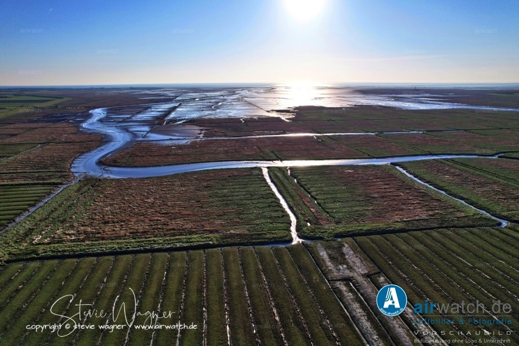 Luftbilder Tümlauer Koog  | Der Tümlauer Koog, heute Teil der Gemeinde Eiderstedt in Schleswig-Holstein, entstand durch die Eindeichung eines Gebiets zwischen der Tümlauer Bucht und Sankt Peter-Ording, die 1935 abgeschlossen wurde. Dabei wurde eine landwirtschaftlich nutzbare Fläche von 585 Hektar gewonnen und 32 Siedlerstellen geschaffen. Der Koog wurde ursprünglich als Hermann-Göring-Koog nach dem NS-Generalfeldmarschall benannt und im Oktober 1935 von ihm persönlich eingeweiht.