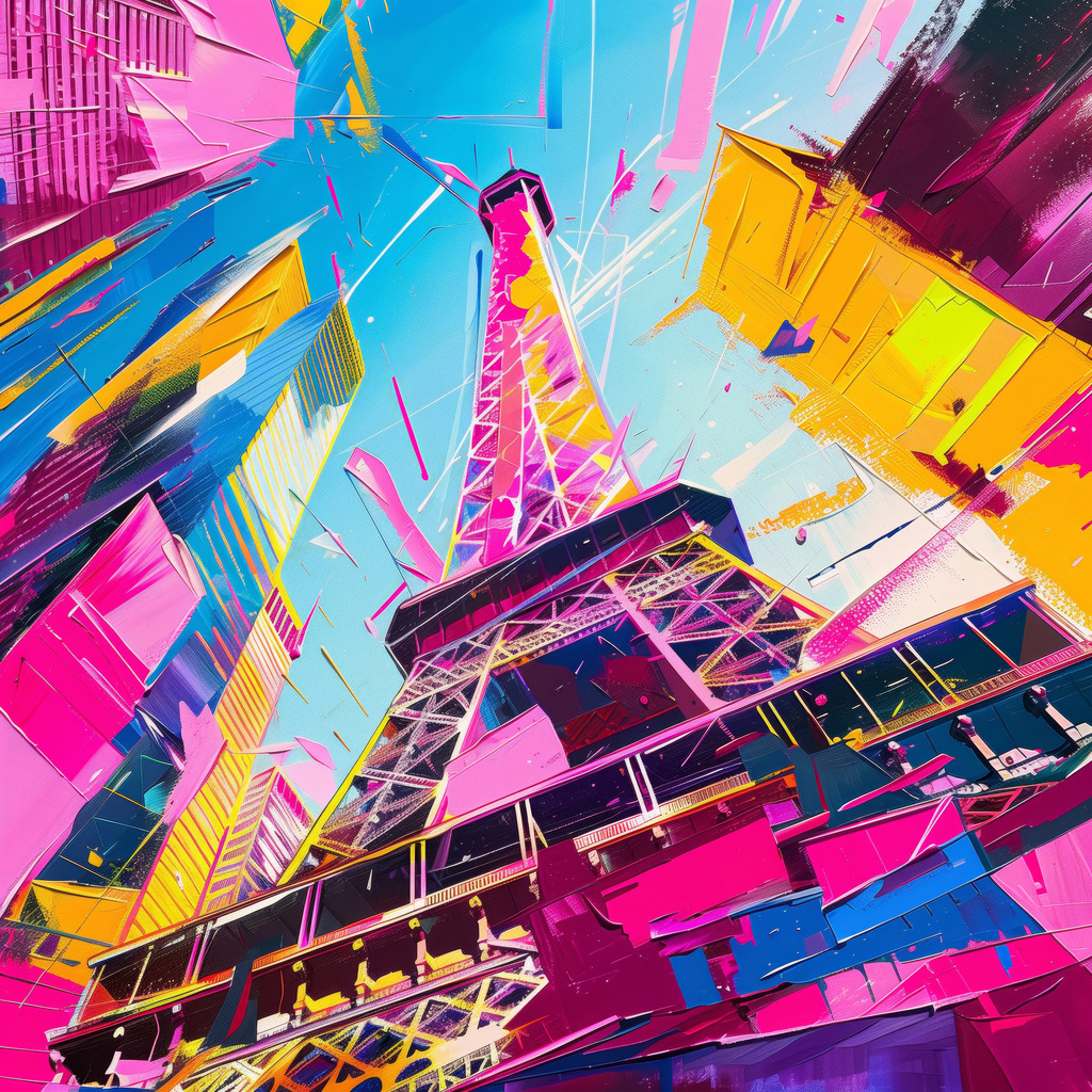 2406017 - Paris Utopie | Der Pariser Eiffelturm in einem futuristischen Paris im Stil eines modernen Gemäldes.