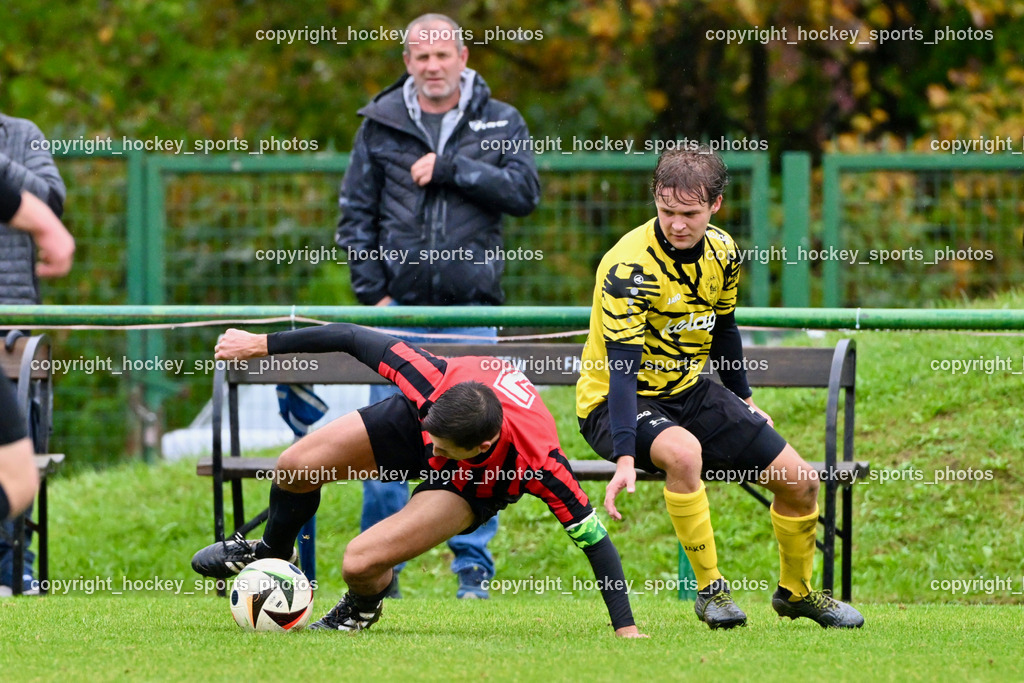 FC Faakersee vs. FC-WR Nussdorf Debant | #7 Aleksandar Simic FCWR Nussdorf Debant, #5 Cajetan Maria Thaddäus Kolig FC Faakersee, FC Faakersee vs. FC-WR Nussdorf Debant, FC Faakersee vs. FC-WR Nussdorf Debant am 28.09.2024 in Finkenstein (Sportplatz Faakersee), Austria, (Photo by Bernd Stefan)