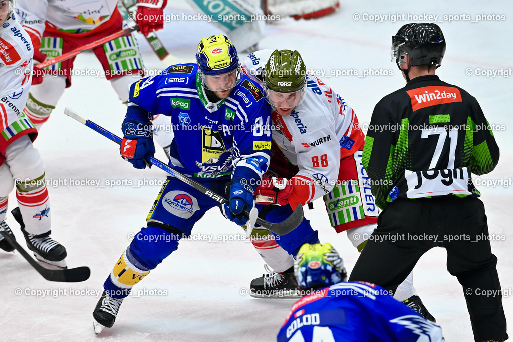 EC VSV vs. HC Bozen 16.2.2024 | #84 Andrew Desjardins, #88 Alberga Domenico, EC VSV vs. HC Bozen 16.2.2024, EC VSV vs. HC Bozen 16.2.2024 am 16.02.2024 in Villach (Stadthalle Villach), Austria, (Photo by Bernd Stefan)