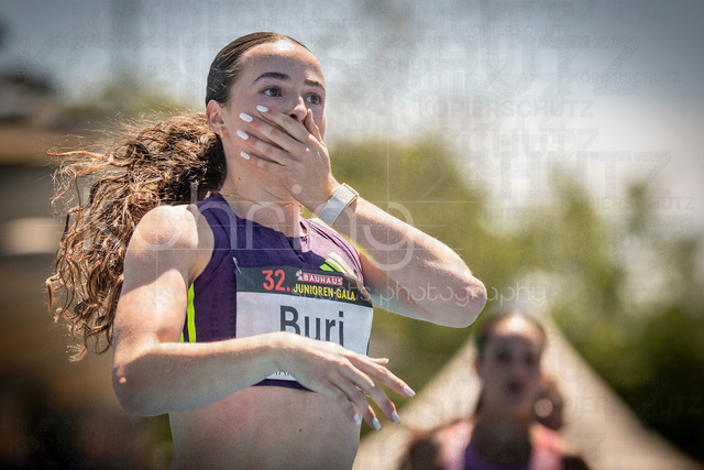 Juniorengala 2026; Mannheim, 13.06.2026 | MANNHEIM, GERMANY - JUNE 13, 2026 : Xenia Buri (SUI/Switzerland) runs a 11,14 in the 100m and reacts  during the Juniorengala 2026 at Michael-Hoffmann-Stadion on June 13, 2026 in Mannheim, Germany.