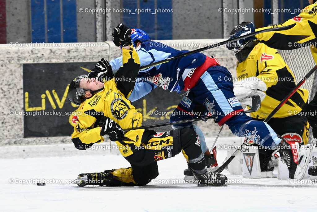 EC Hornets Spittal vs. ESC Steindorf 23.2.2024 | #22 Thaler Tim EC Hornets Spittal, #91 Kravania Kristian ESC Steindorf, #1 Zauchner Rene EC Hornets Spittal, EC Hornets Spittal vs. ESC Steindorf 23.2.2024, EC Hornets Spittal vs. ESC Steindorf 23.2.2024 am 23.02.2024 in Spittal an der Drau (Eissportzentrum Spittal), Austria, (Photo by Bernd Stefan)