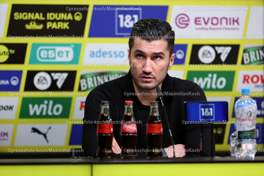 BVB15122401141 | 15.12.2024, Fußball, Borussia Dortmund - TSG 1899 Hoffenheim, 1. Fußball Bundesliga, 14. Spieltag, Signal Iduna Park, Saison 2024 2025: Pressekonferenz mit den Trainern nach dem Spiel - Trainer Nuri Sahin (Cheftrainer BVB) sichtlich unzufrieden mit der Leistung DFB regulations prohibit any use of photographs as image sequences and or quasi-video.