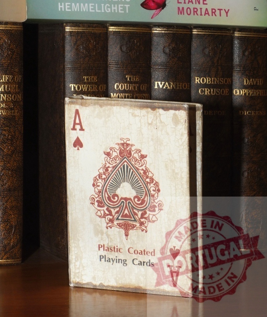Ace of spades playing card book in library | Ace of spades playing card standing next to antique books on a wooden shelf emphasizing gambling and literature - Realized with Pictrs.com
