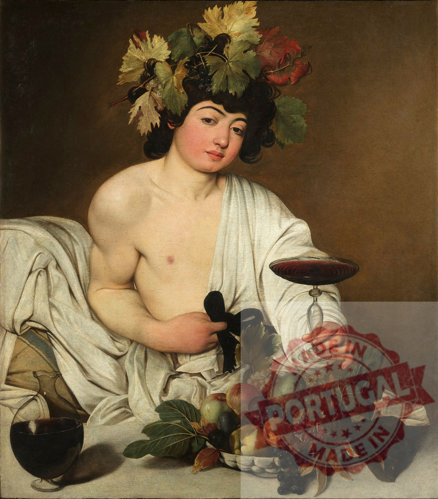 Art by Carravagio Caravaggio's Bacchus offering wine and fruit | Young Bacchus, god of wine, dressed in a toga, holding a glass of red wine - Realized with Pictrs.com