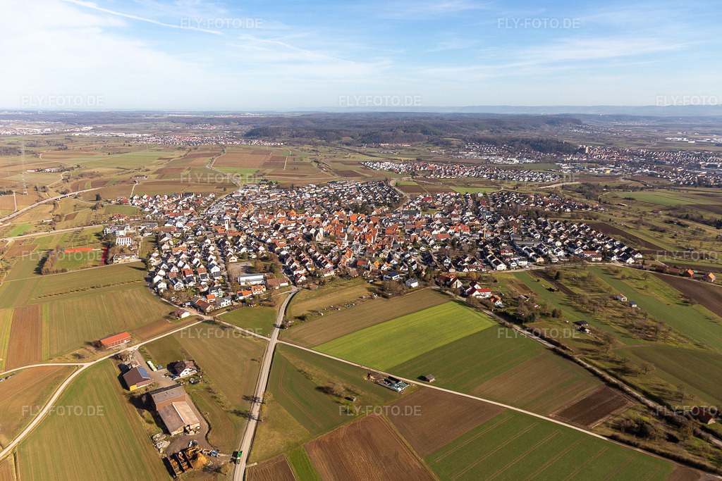 Luftbild: Ortsansicht von Südosten im Ortsteil Kuppingen in Herrenberg im Bundesland Baden-Württemberg in Deutschland. Foto: IMG_125249.jpg vom 20.02.2021 durch Werner Riehm/FLY-FOTO.de