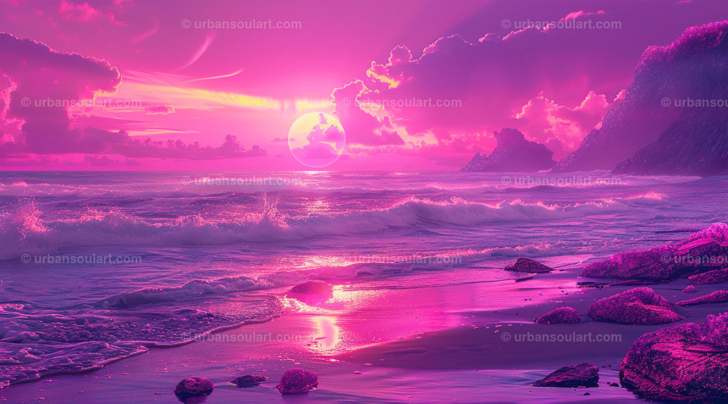 Dreamy Purple Sky With Pink Ocean Sunset | This enchanting scene features a purple sky and pink-hued ocean waves at sunset, creating a surreal and calming atmosphere. Perfect for adding a whimsical, dreamy touch to any room. - Realisiert mit Pictrs.com