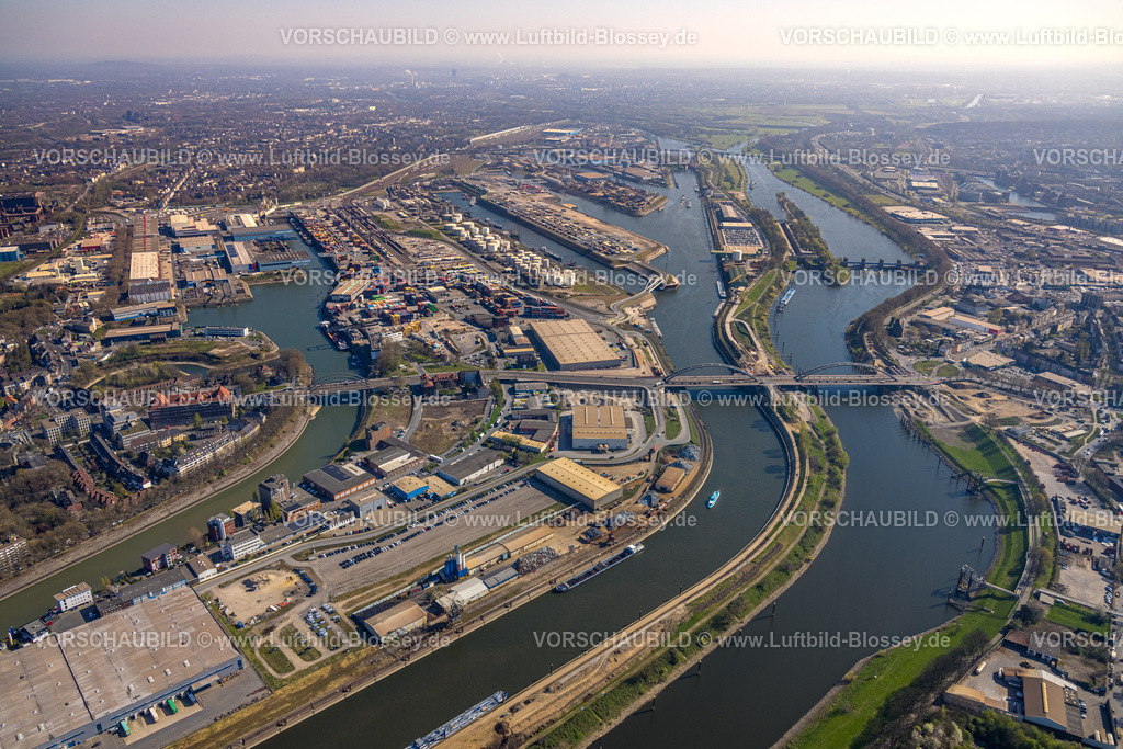 Duisburg250402213DuisPort | Luftbild, duisport Hafen Duisburg, Hafengebiet, Stahlinsel, Ölinsel, Kohleninsel Container Terminal und Schrottinsel Rohstoffinsel, Insel Pontwert, Oberbürgermeister-Karl-Lehr-Brücke, Ruhrschleuse und Ruhrwehr, Ruhrort, Ortsansicht Duisburg, Ruhrgebiet, Nordrhein-Westfalen, Deutschland