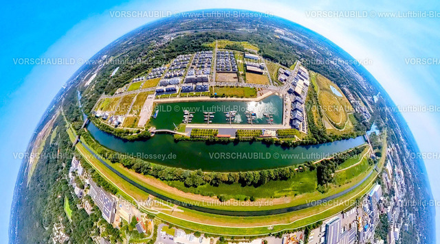 Gelsenkirchen240890577Emscher_GrafBismarckMarina | Luftbild, neues Stadtquartier Graf Bismarck Wohnanlage und Stölting Marina Yachthafen am Rhein-Herne-Kanal und Fluss Emscher, Erdkugel, Fisheye Aufnahme, Fischaugen Aufnahme, 360 Grad Aufnahme, tiny world, little planet, fisheye Bild, Bismarck, Gelsenkirchen, Ruhrgebiet, Nordrhein-Westfalen, Deutschland