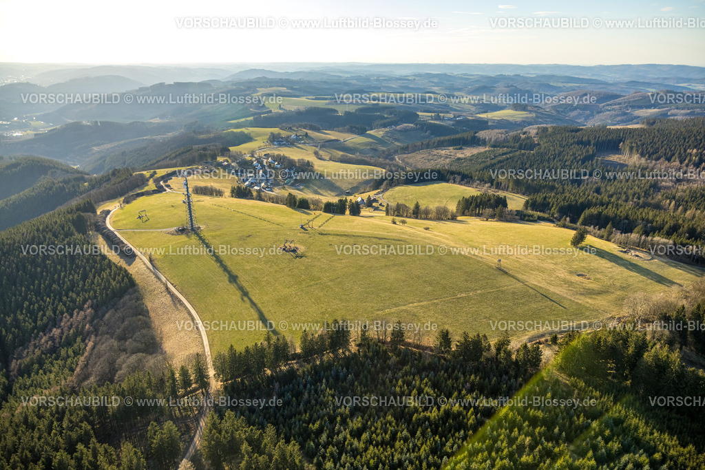 Sundern250309861WildeWiese | Luftbild, Ortsansicht mit Fernsicht, Aussichtsturm Schomberg Richtfunkturm, Wildewiese-Homert genannter Hauptkamm des Homertrückens, Waldgebiet mit Waldschäden, Skigebiet im Winter, Wildewiese, Sundern, Sauerland, Nordrhein-Westfalen, Deutschland