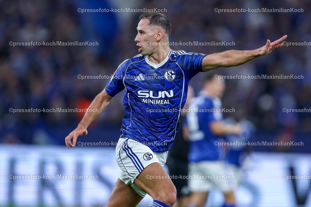 S0413092501095 | 13.09.2025, Fußball, FC Schalke 04 - Holstein Kiel, 5.Spieltag, 2. Fußball Bundesliga, Veltins-Arena Gelsenkirchen, Saison 2025 2026: Nikola Katic (Schalke04 #25) gestikulierend DFB regulations prohibit any use of photographs as image sequences and or quasi-video.