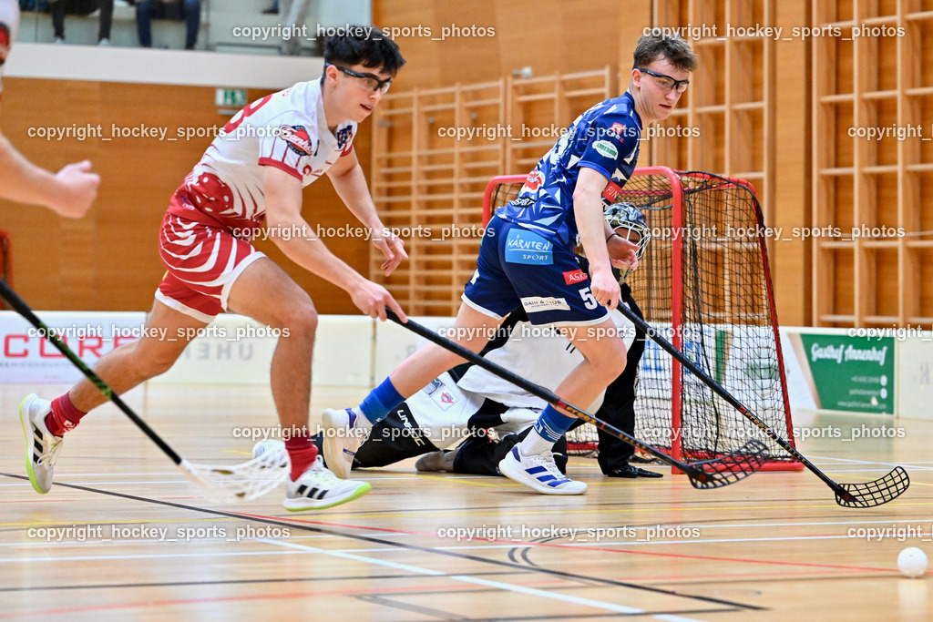 VSV Unihockye vs. KAC Floorball | #28 Gabriel Lekas KAC Floorball, #59 Nino Forelli VSV Unihockey, VSV Unihockye vs. KAC Floorball, VSV Unihockye vs. KAC Floorball am 13.04.2025 in Villach (Ballspielhalle St. Martin), Austria, (Photo by Bernd Stefan)