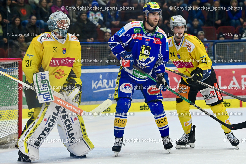 EC IDM WÄRMEPUMPEN VSV vs. Vienna Capitals | #31 Evan Cowley Vienna Capitals, #8 Maximilian Rebernig EC VSV, #24 Simon Bourque Vienna Capitals, EC IDM WÄRMEPUMPEN VSV vs. Vienna Capitals, EC IDM WÄRMEPUMPEN VSV vs. Vienna Capitals am 16.11.2025 in Villach (Stadthalle Villach), Austria, (Photo by Bernd Stefan)