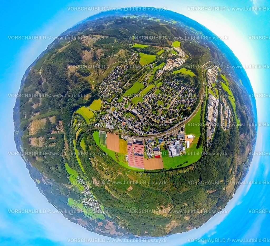 Finnentrop230990290Lenhausen | Luftbild, Ortsansicht Ortsteil Lenhausen, Erdkugel, Fisheye Aufnahme, Fischaugen Aufnahme, 360 Grad Aufnahme, tiny world, Lenhausen, Finnentrop, Sauerland, Nordrhein-Westfalen, Deutschland