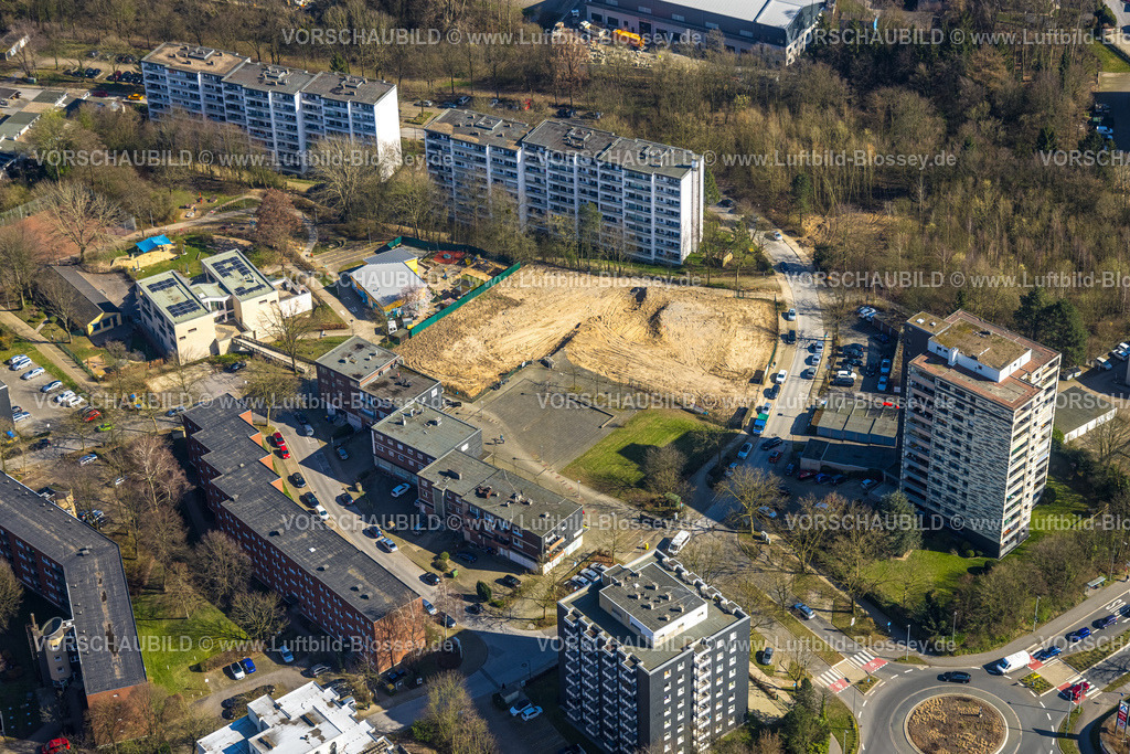 Heiligenhaus240302124 | Luftbild, Hochhaus Wohnsiedlung Oberilp, Baustelle am Europaplatz, Landschafts-Straßennamen, Heiligenhaus, Ruhrgebiet, Nordrhein-Westfalen, Deutschland
