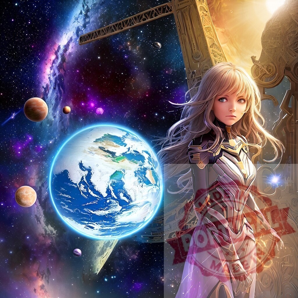 Female warrior looking at Earth in cosmos | Anime-style female warrior standing in vast space, observing Earth and surrounding planets - Realized with Pictrs.com