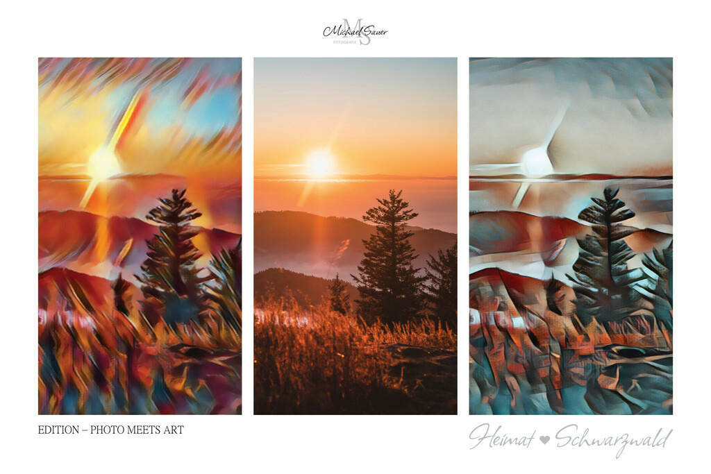 Edition “PHOTO MEETS ART” | Die Edition “PHOTO MEETS ART” ist eine außergewöhnliche Schwarzwald-Bildergalerie für alle Kunstliebhaber. Bei diesen Werken handelt es sich um exklusive Digitalkunst, bei denen mittels künstlicher Intelligenz neue Visualisierungen erschaffen wurden. Das Ergebnis ist eine 3er-Bild-Collage mit der realen Fotografie im Zentrum, flankiert von zwei unterschiedlichen Kunststilen. Natürlich ausschließlich mit Bildern aus dem Schwarzwald! - Realisiert mit Pictrs.com
