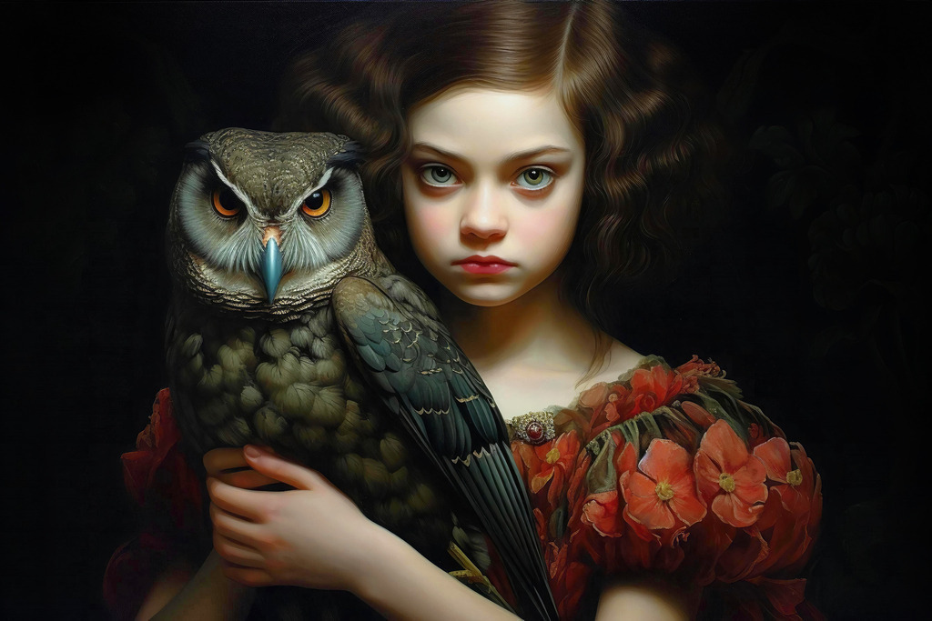 2312019 - Mädchen mit Eule | Ein Mädchen mit seiner Eule - Wandbild im Stil eines klassischen Gemäldes.