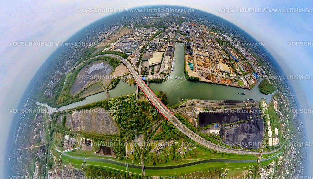 Essen240490054_A42_Rhein-Herne-Kanal_StadtteilFreiheitEmscher | Luftbild, Stadthafen und neues Bauprojekt Freiheit Emscher, Rhein-Herne-Kanalbrücke mit rotem Geländer, Autobahn A42 Emscherschnellweg, Infrastruktur, Doppelbogenbrücke an der Stadtgrenze Bottrop, Essen-Nord Gladbecker Straße, Erdkugel, Fisheye Aufnahme, Fischaugen Aufnahme, 360 Grad Aufnahme, tiny world, little planet, fisheye Bild, Vogelheim, Essen, Ruhrgebiet, Nordrhein-Westfalen, Deutschland