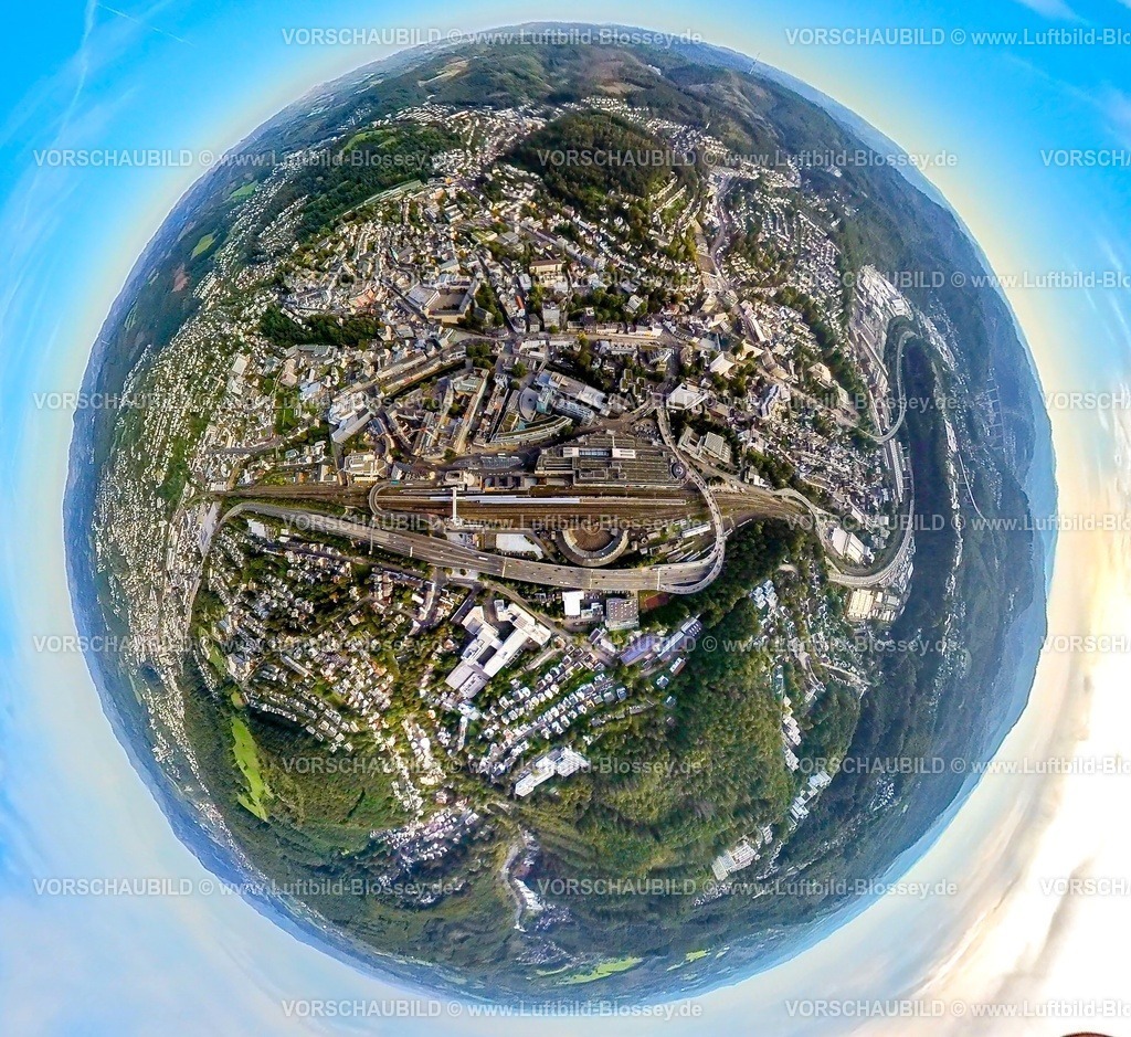 Siegen230990422Hauptbahnhof | Luftbild, Siegen Hauptbahnhof, Erdkugel, Fisheye Aufnahme, Fischaugen Aufnahme, 360 Grad Aufnahme, tiny world, Siegen-Kernband, Siegen, Sauerland, Nordrhein-Westfalen, Deutschland