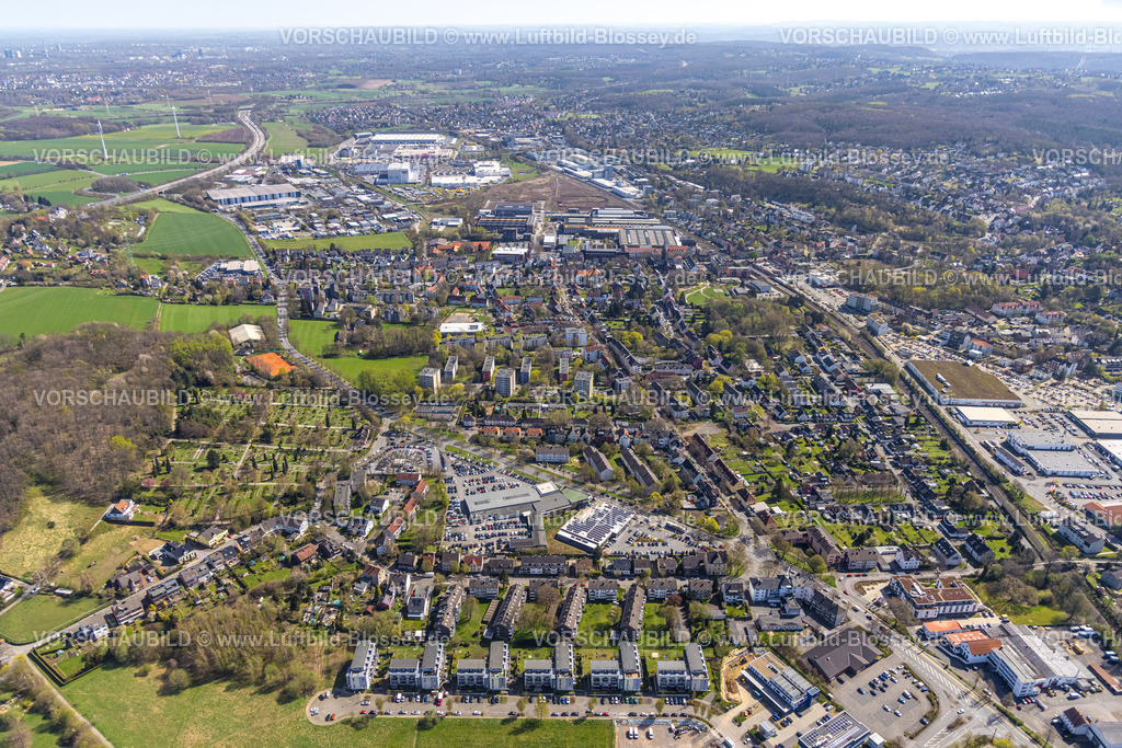 Witten220401058 | Luftbild, Blick auf den Stadtteil Annen mit Friedhof, Dortmunder Straße und Freiligrathstraße bis Gewerbegebiet Brauckstraße, Annen, Witten, Ruhrgebiet, Nordrhein-Westfalen, Deutschland