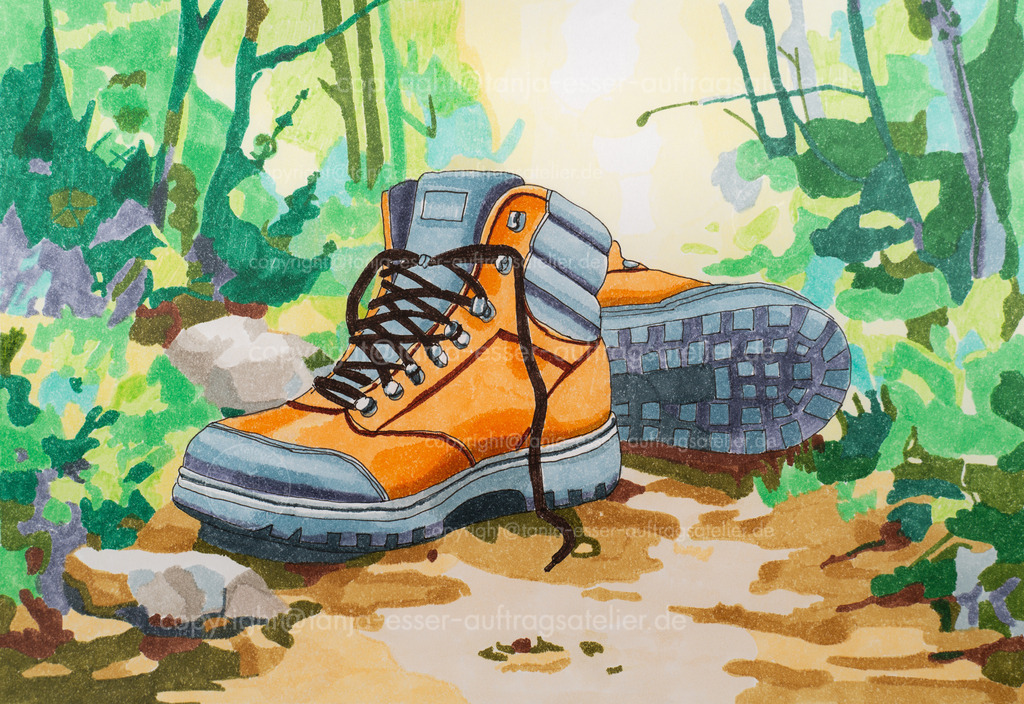 Illustration Wanderschuhe in Landschaft D | Entdecken Sie hochwertige, regionale Fotos von Brilon und dem Sauerland im Auftrags Atelier Shop von Tanja Esser. Von Landschaften und Architektur bis hin zu Eventaufnahmen, Illustrationen – das Angebot bietet Ihnen Downloads, Wandbilder, Videos, Geschenk