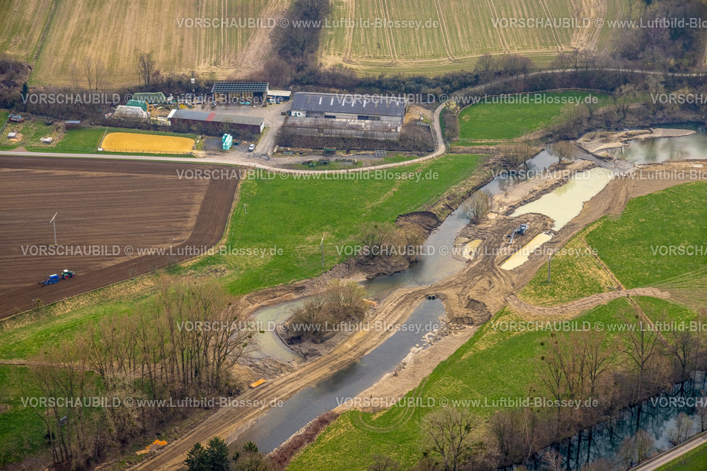 Wickede240307968 | Luftbild, Fluss Ruhr mit Wehr, Obergraben, Wiesen und Felder, landwirtschaftliche Arbeit, Wickede/Ruhr, Nordrhein-Westfalen, Deutschland