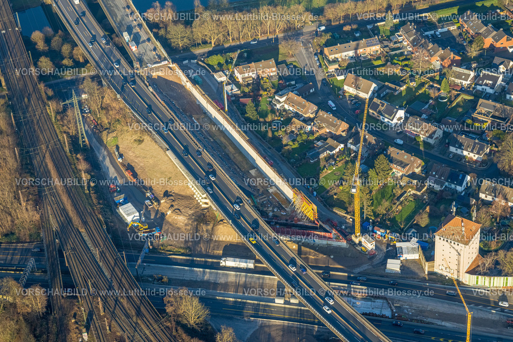 Duisburg241202608 | Luftbild, Autobahnkreuz Kaiserberg, Autobahn A3 und Autobahn A40, Baustelle Regenrückhaltebecken, Duissern, Duisburg, Ruhrgebiet, Nordrhein-Westfalen, Deutschland